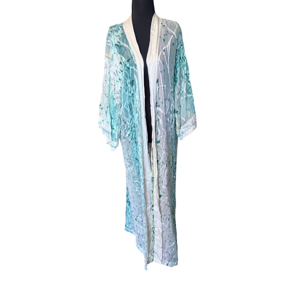 Vintage Susan Bristol silk blend ethereal robe kimono white blue green large